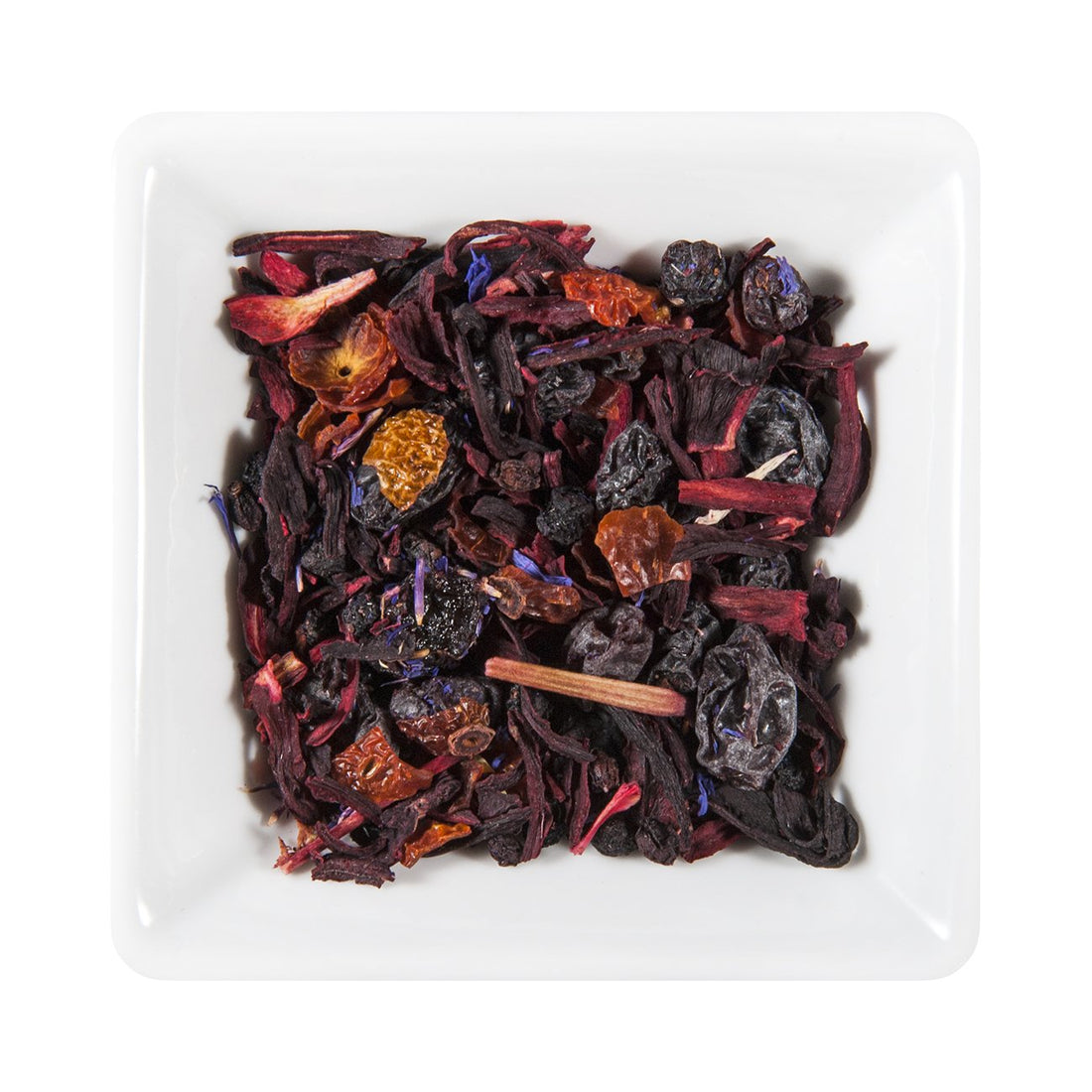 A cool, fruity and light drink with the flavor of exotic passion fruit.
Just let it cool after brewing and add ice cubes.
Flavored Fruit Infusion
Ingredients: currants, hibiscus petals, rosehip shells, elderberries, flavorings, blueberries, cornflower petals, black currants, raspberry pieces
