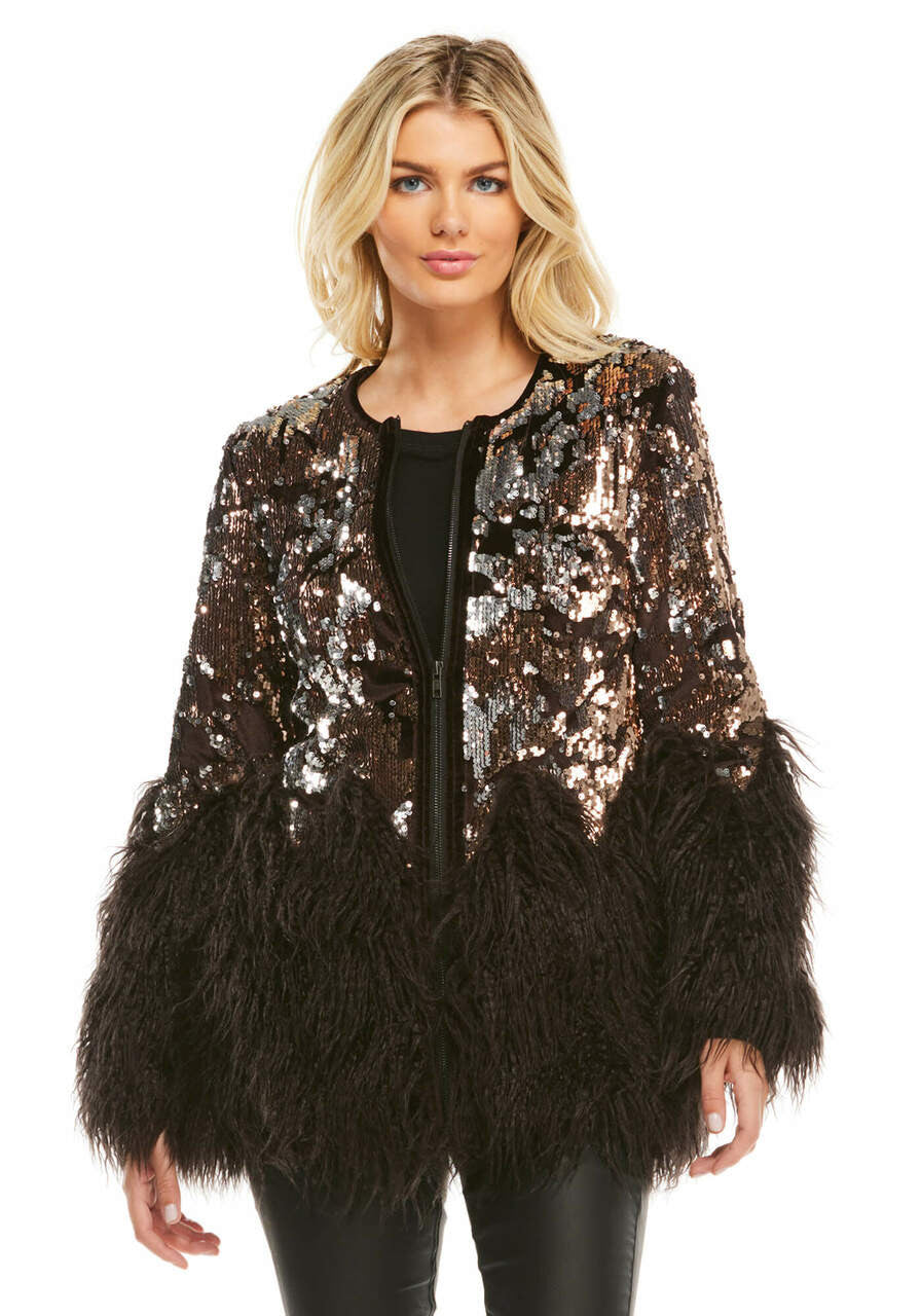 Bronze Sequin Shimmer Faux Fur-Trimmed Jacket