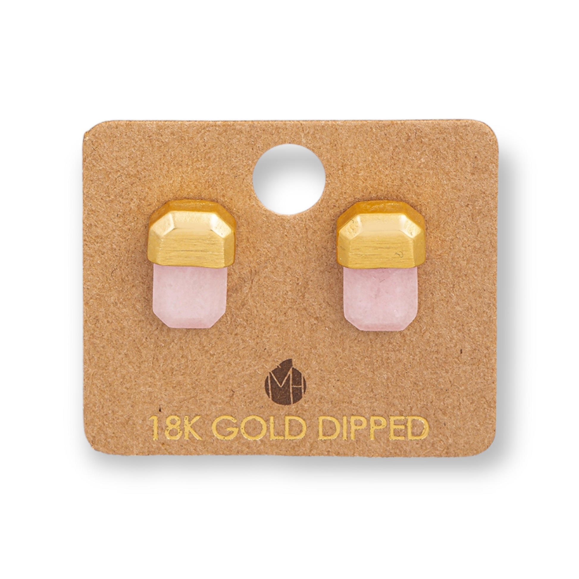 Gold Capped Semiprecious Stone Stud Earring Pink quartz