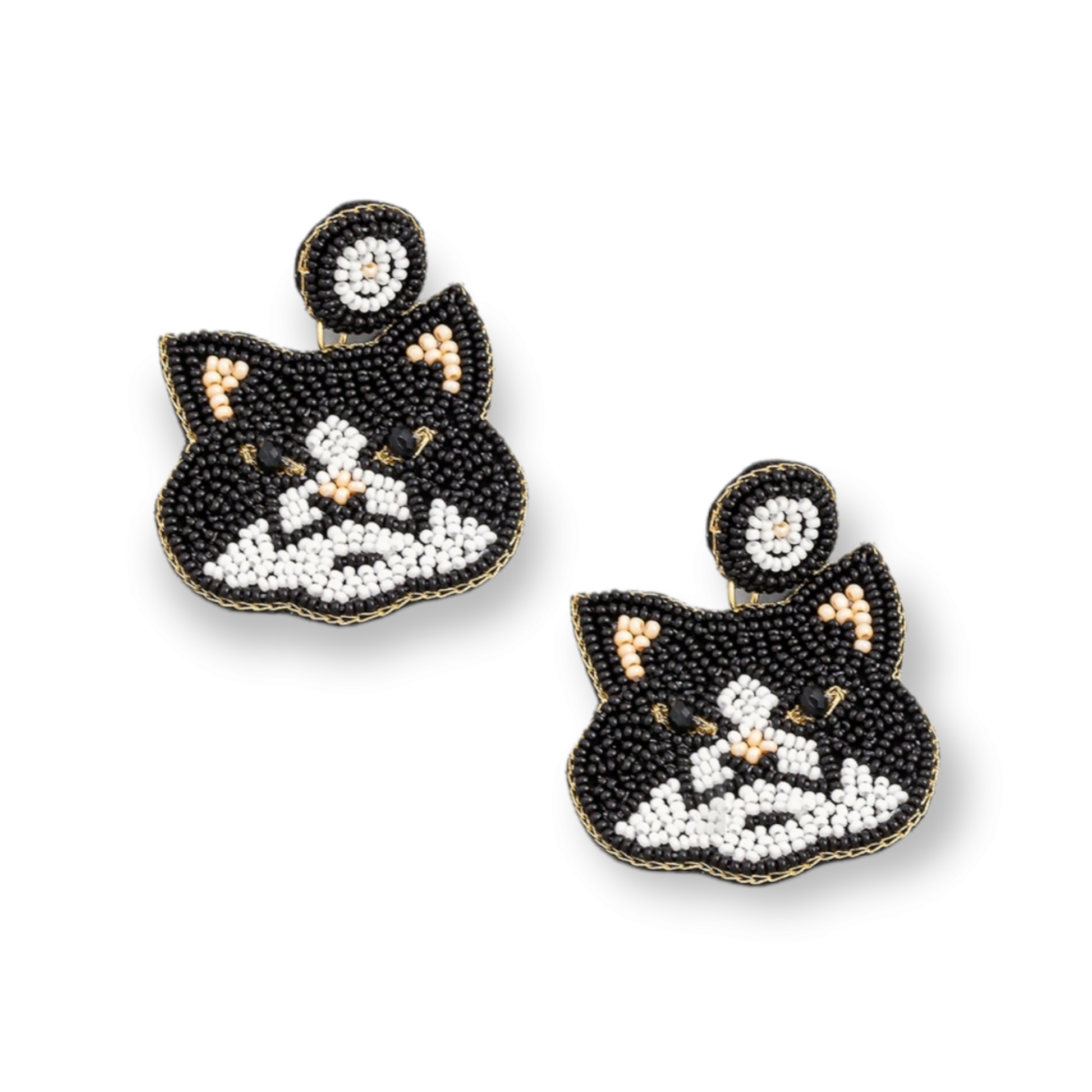 Pet Beaded Black Cat Face Drop Earrings