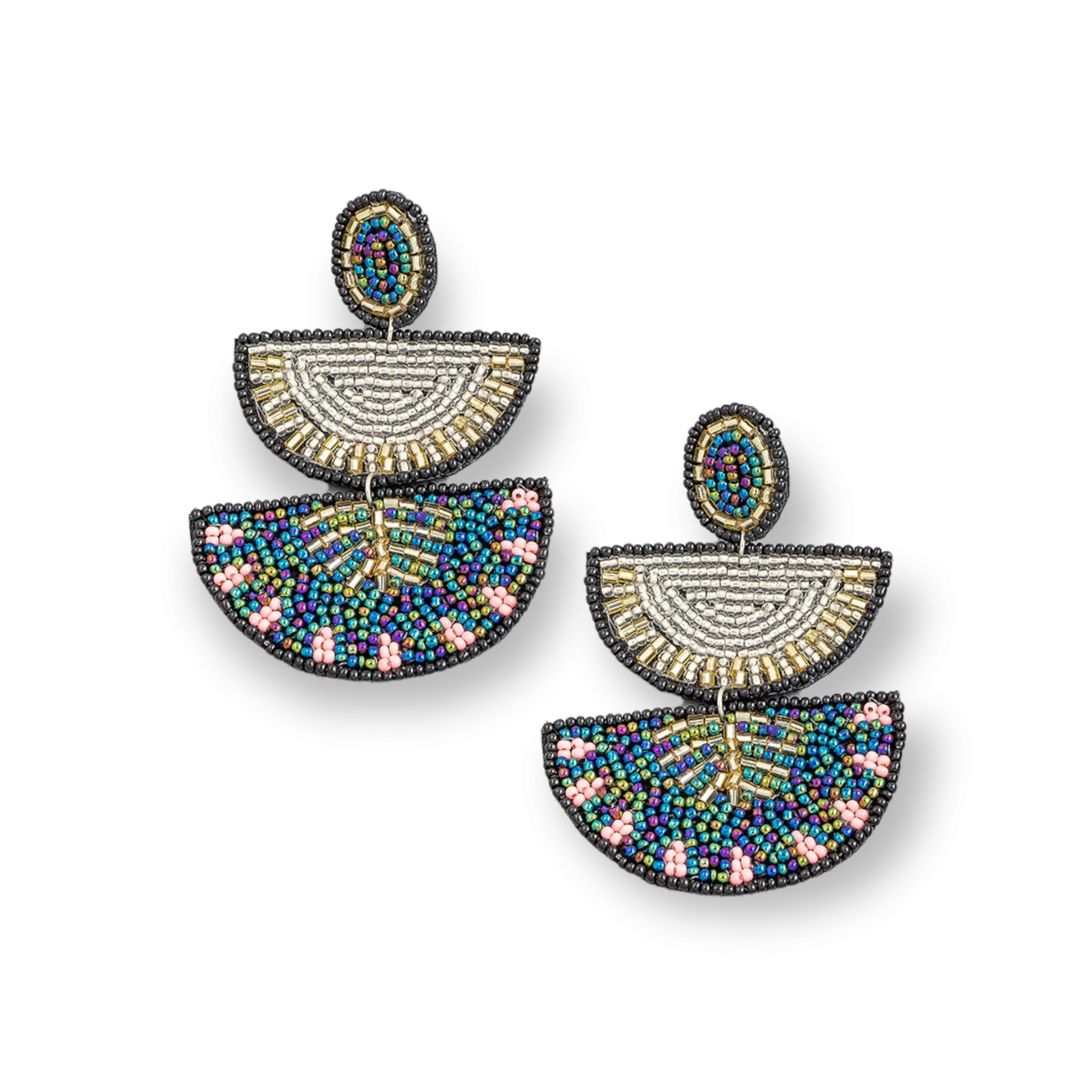 Black Seed Beaded Semi Circle Layered Drop Earrings