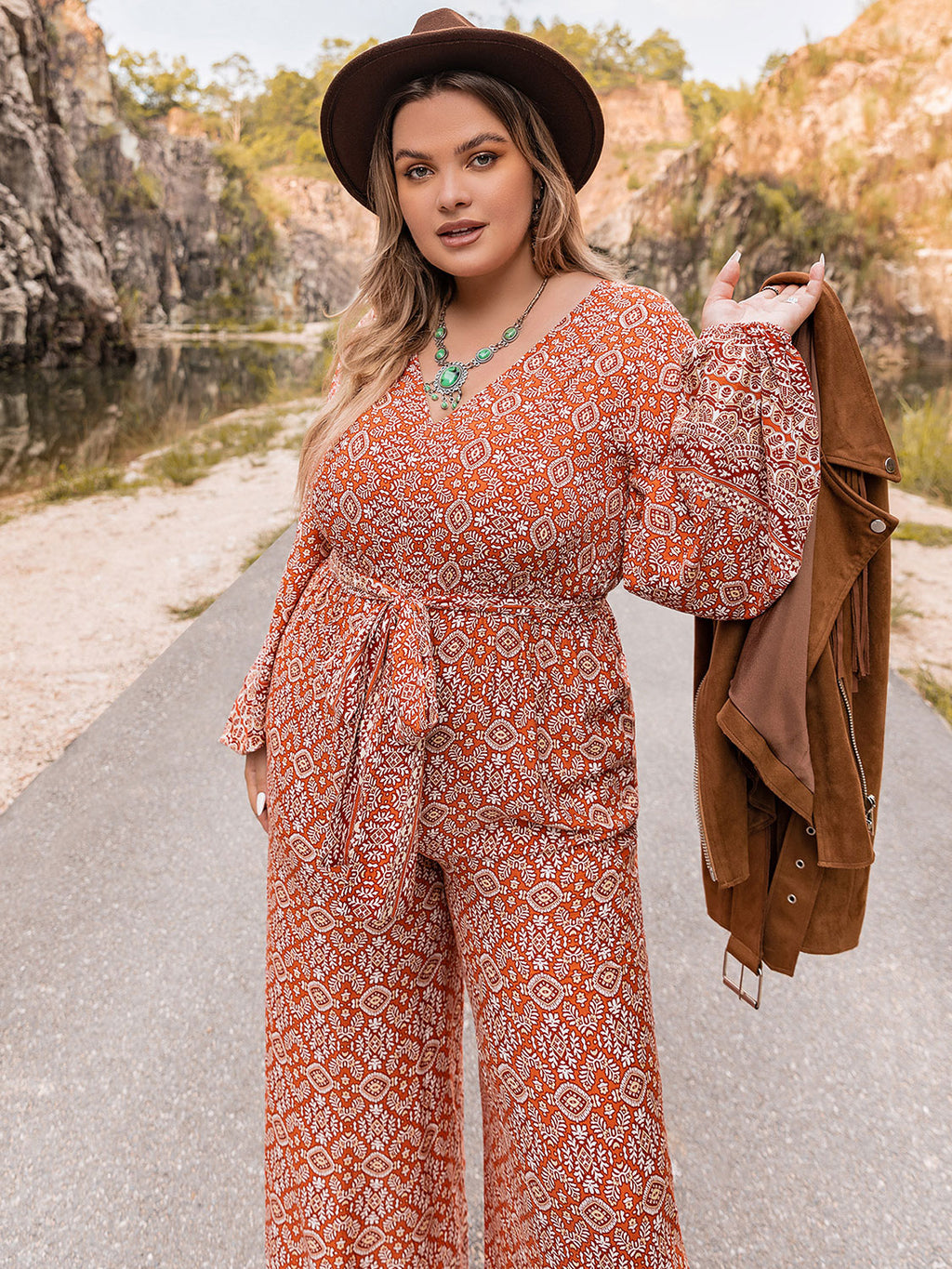 Printed V-Neck Tie Front Balloon Sleeve Jumpsuit Plus