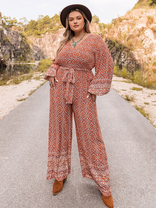 Printed V-Neck Tie Front Balloon Sleeve Jumpsuit Plus