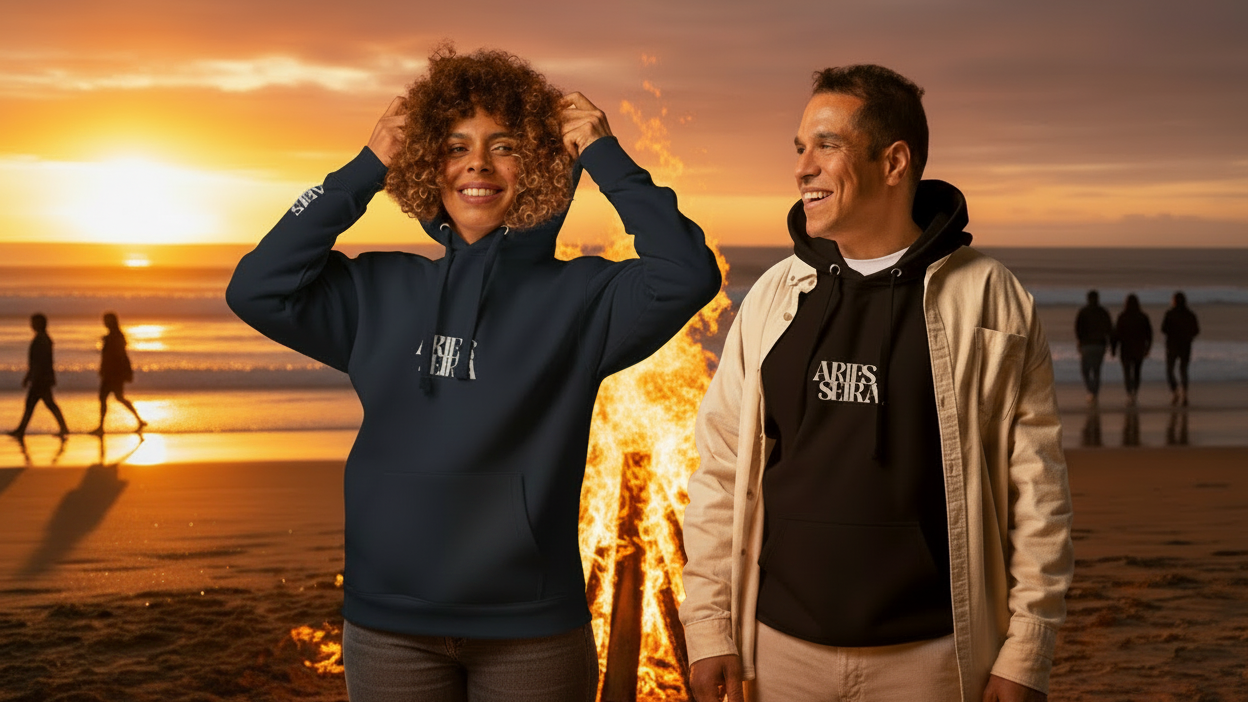 Two people wearing hoodies with AriesseirA branding on a white background