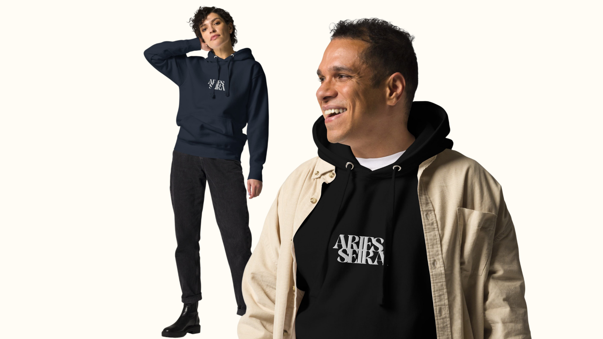 Two people wearing hoodies with a visible brand logo on a white background