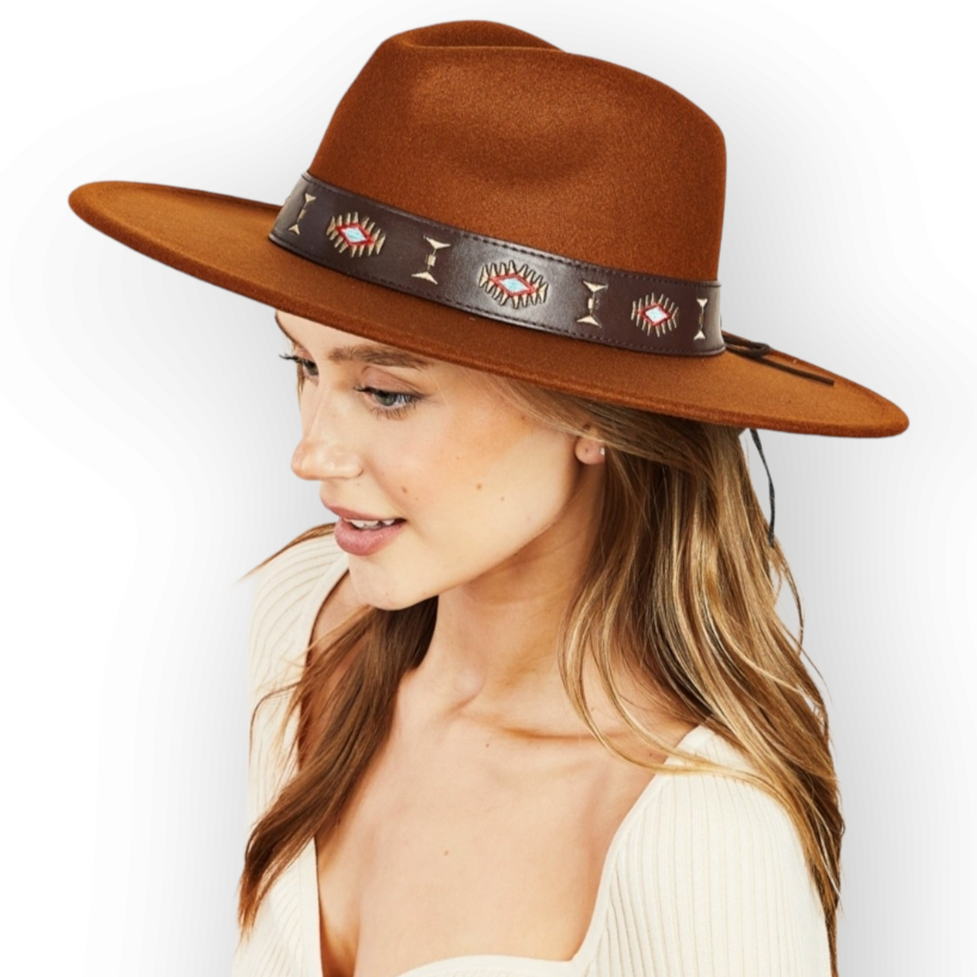 Tribal Boho Design Strap Fedora Hat brown model