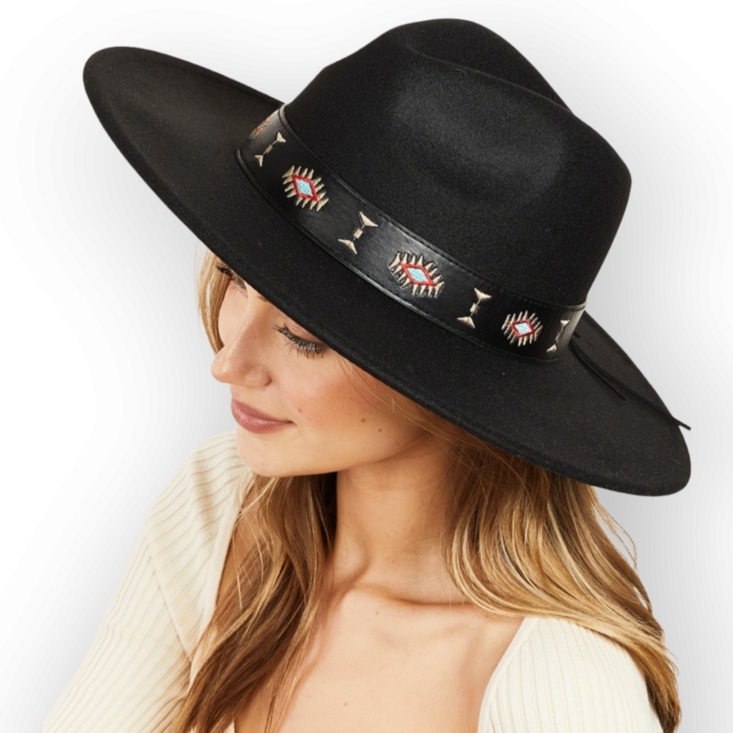 Tribal Boho Design Strap Fedora Hat black