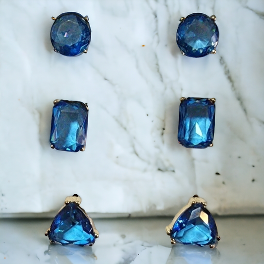 Set of 3 Blue Crystal Stud earring and gold accents.