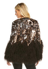 Bronze Sequin Shimmer Faux Fur-Trimmed Jacket