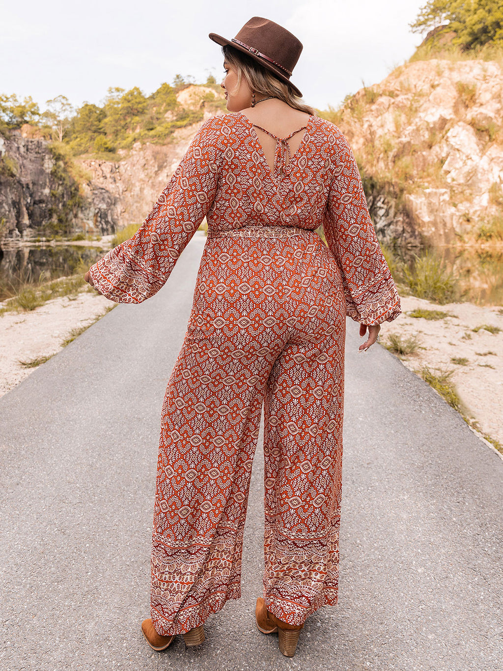 Printed V-Neck Tie Front Balloon Sleeve Jumpsuit Plus