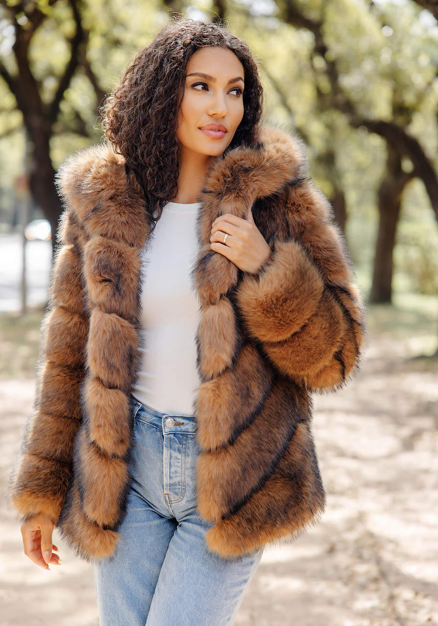 Cedar Fox Faux Fur Chateau Chevron Hooded Coat Jacket (Back in Stock)