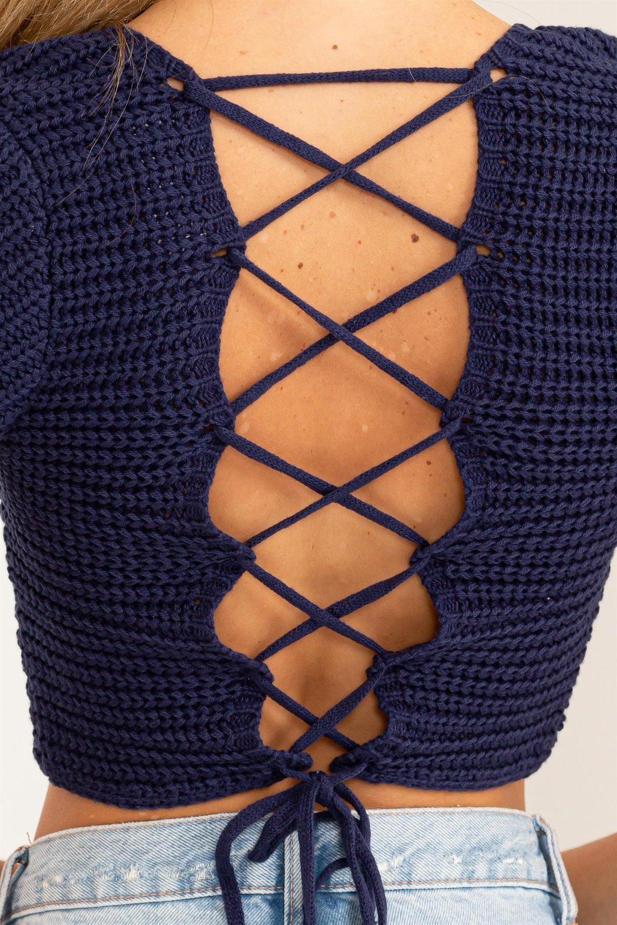 LACE UP SHORT SLEEVE KNIT SWEATER