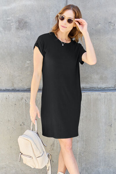 Bae Basics Full Size Round Neck Short Sleeve Dress with Pockets