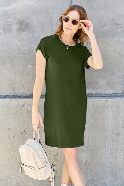 Bae Basics Full Size Round Neck Short Sleeve Dress with Pockets