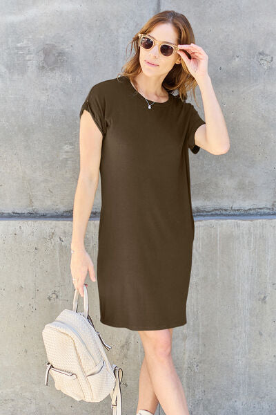 Bae Basics Full Size Round Neck Short Sleeve Dress with Pockets