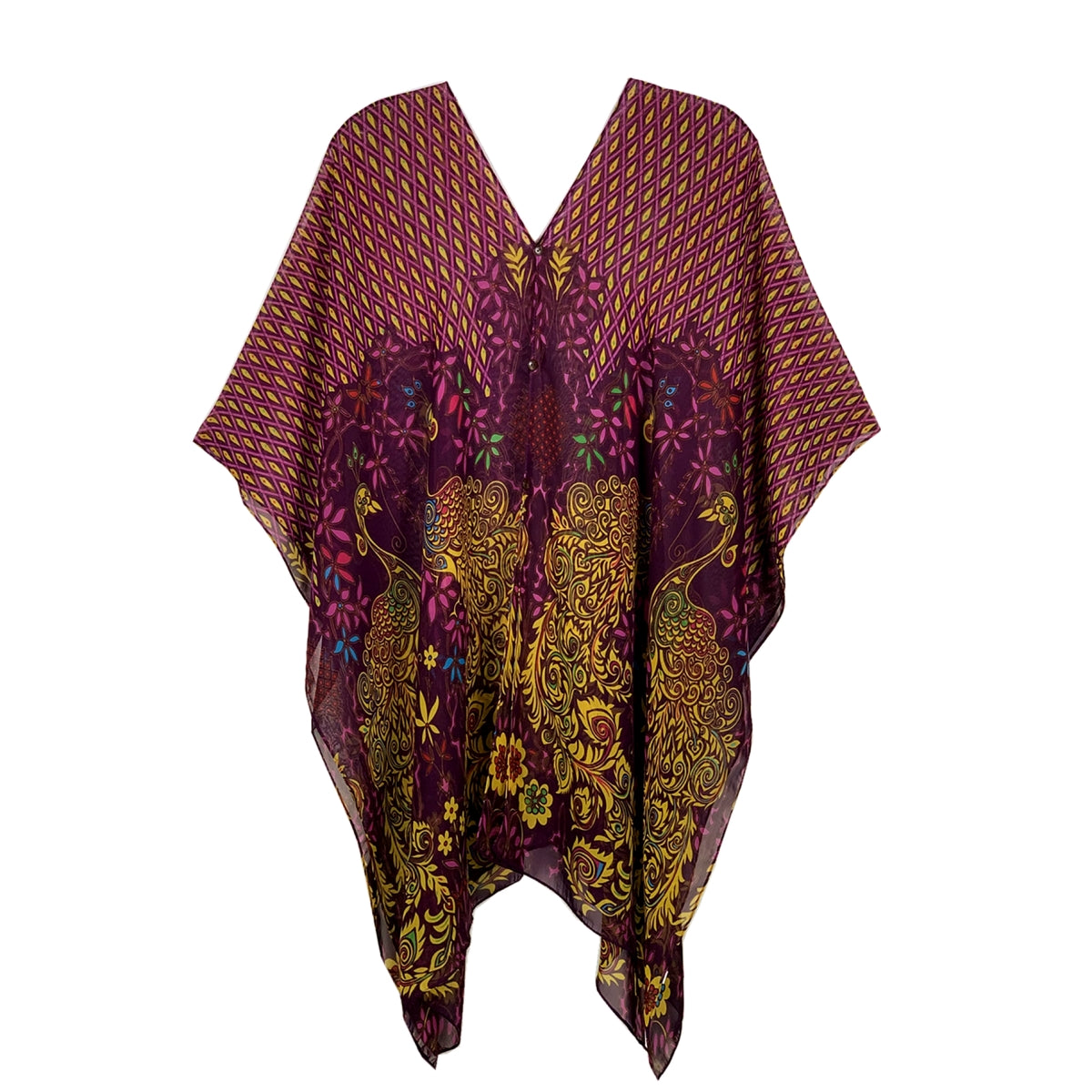 Chefon Printed Beach Cover Up with Buttons purple peacock