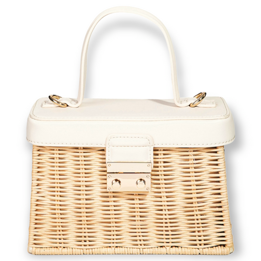 Mini Wicker Rattan Bag Natural color wicker rattan basket handbag with off white faux leather