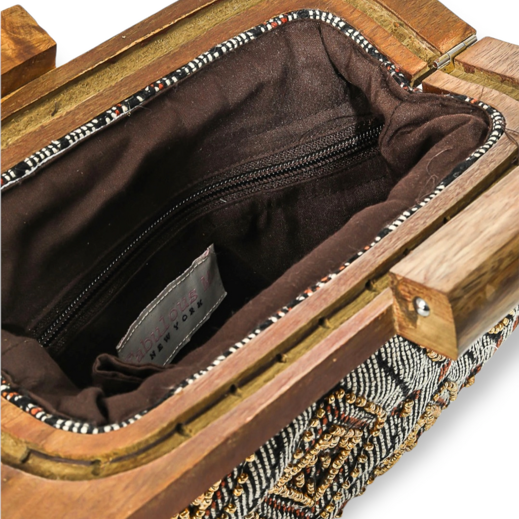 Boho Wood Frame Clutch handbag interior