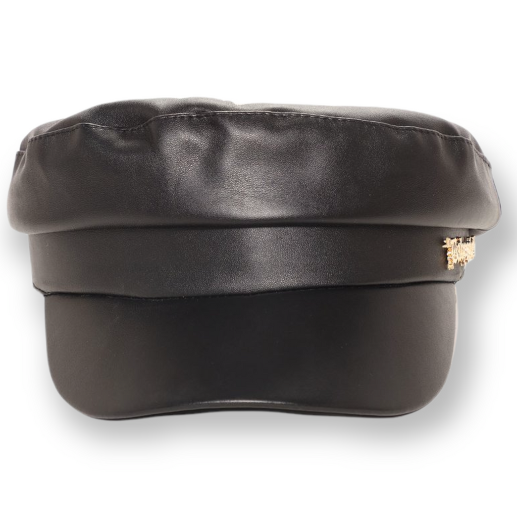 Black Faux Leather Cabbie Hat