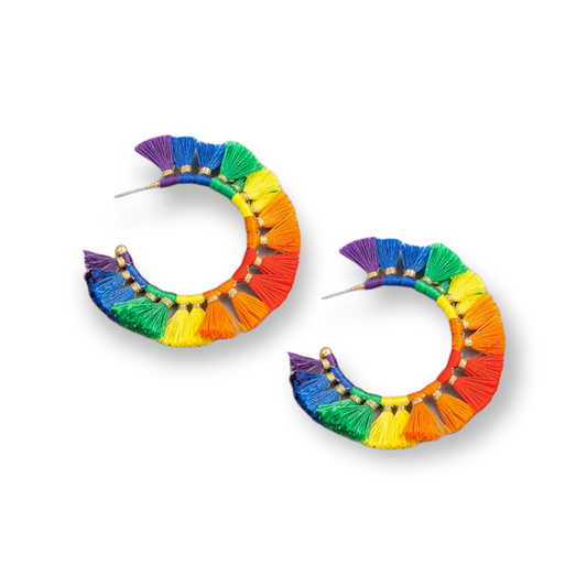 Circle Rainbow Tassel Hoop Earrings