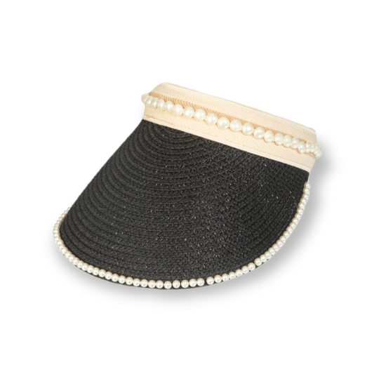 Pearl Beaded Straw Visor Hat black