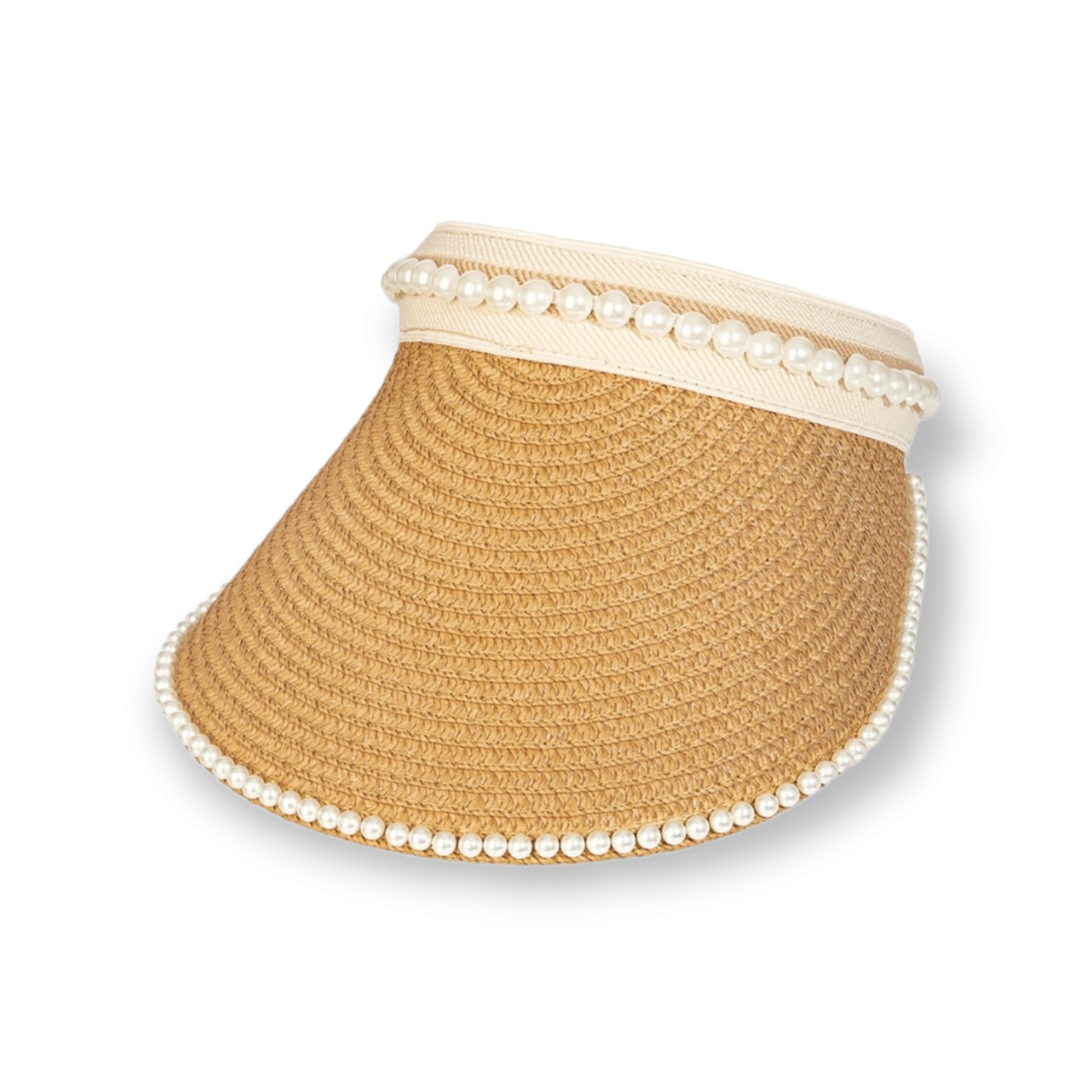 Pearl Beaded Straw Visor Hat tan