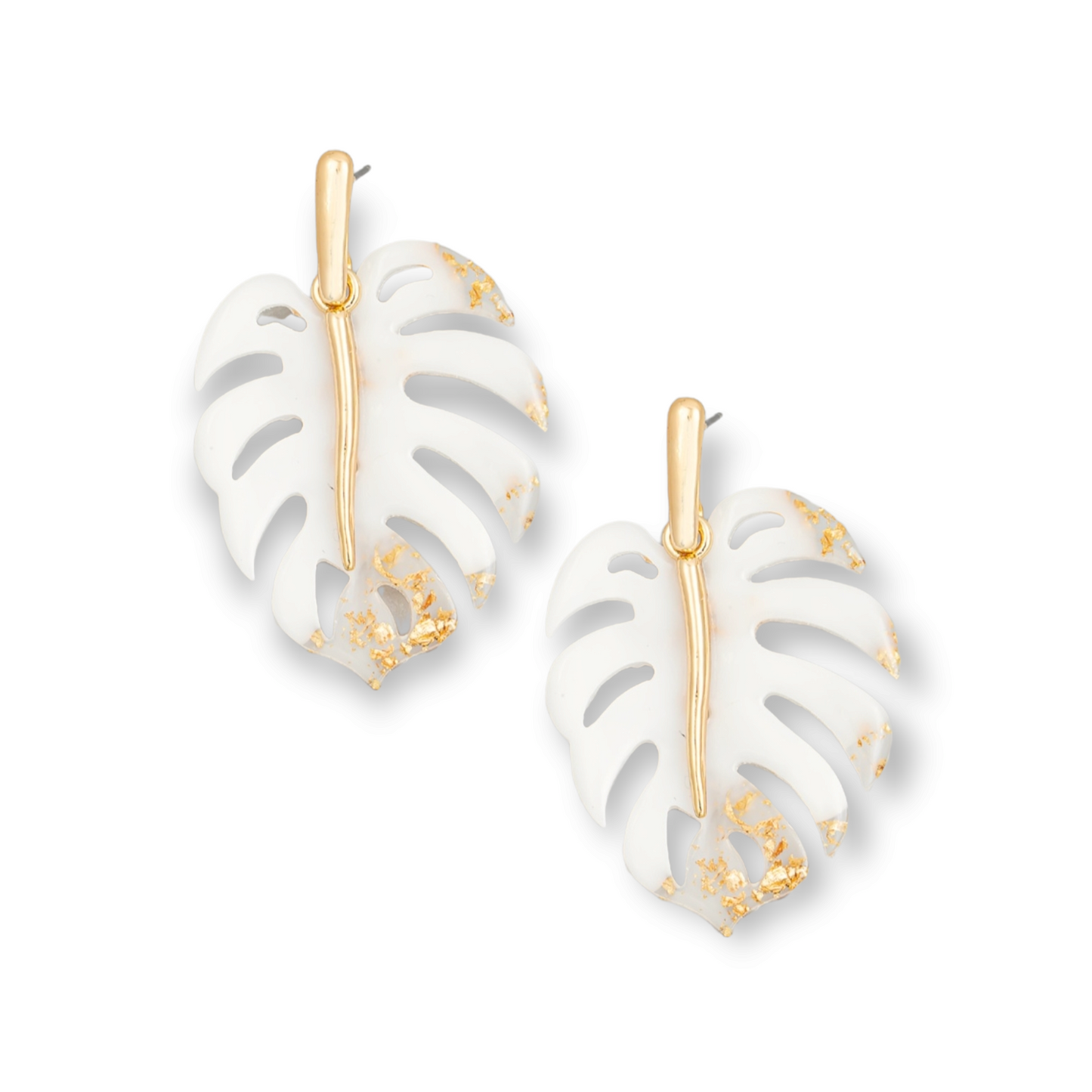 Gold and white Acetate Monstera Leaf Drop Earrings