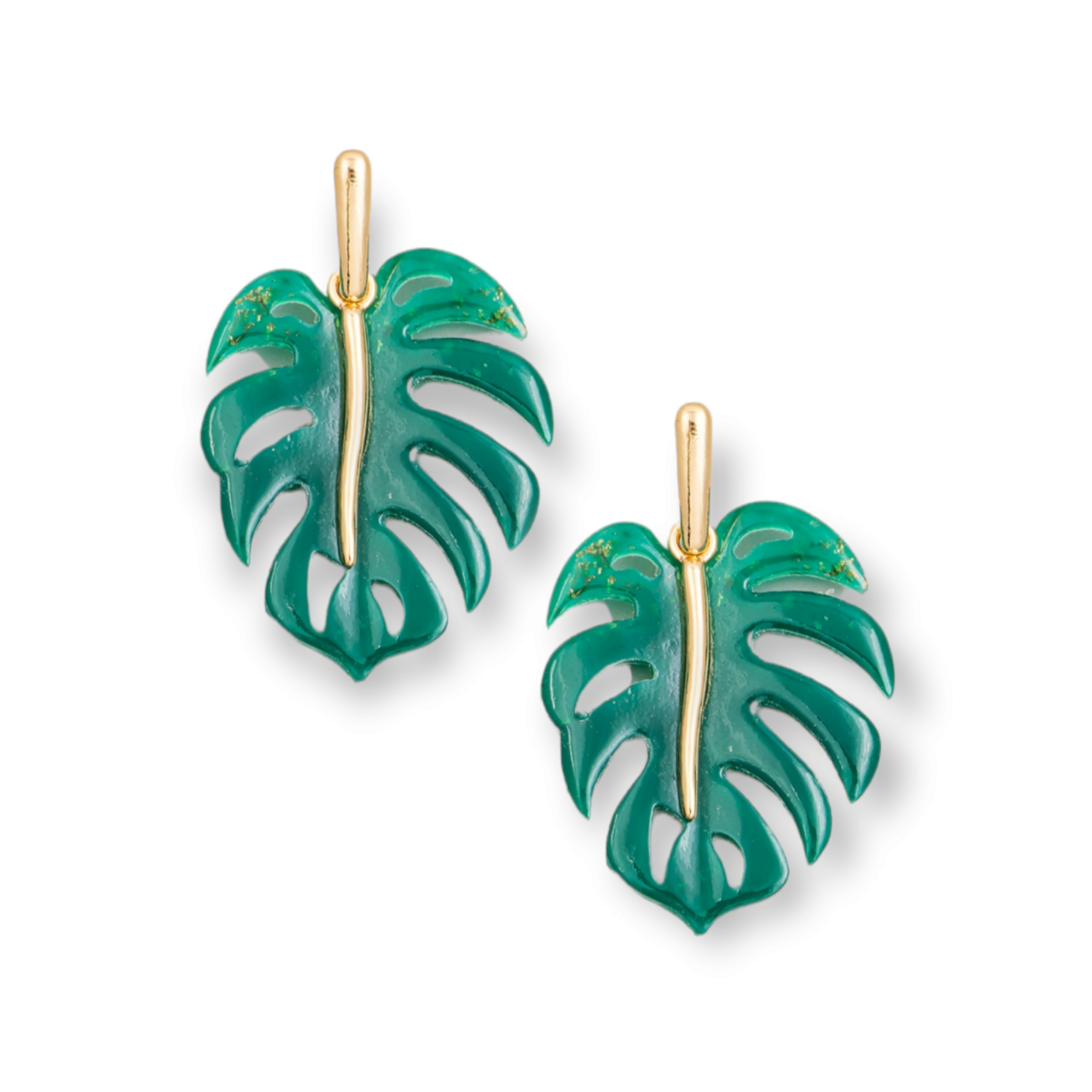 Gold and green Acetate Monstera Leaf Drop Earrings