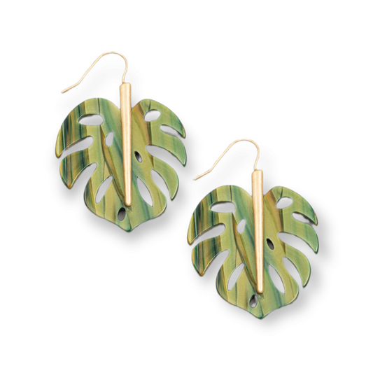 Green Acetate Monstera Leaf Drop Earrings green