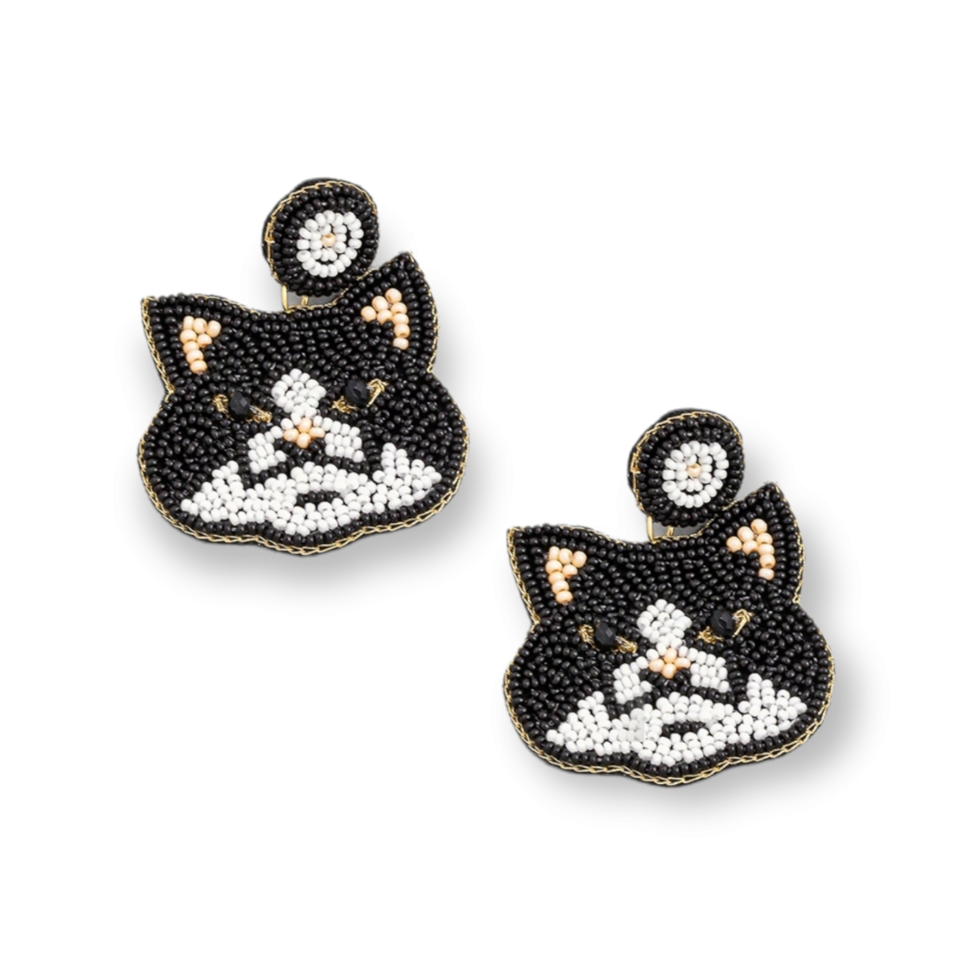 Pet Beaded Black Cat Face Drop Earrings