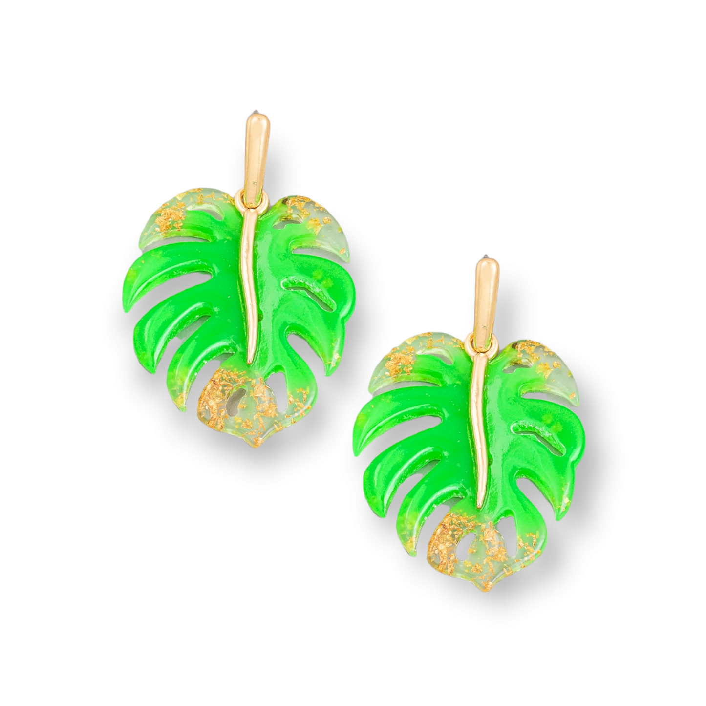 Gold and LIME green Acetate Monstera Leaf Drop Earrings