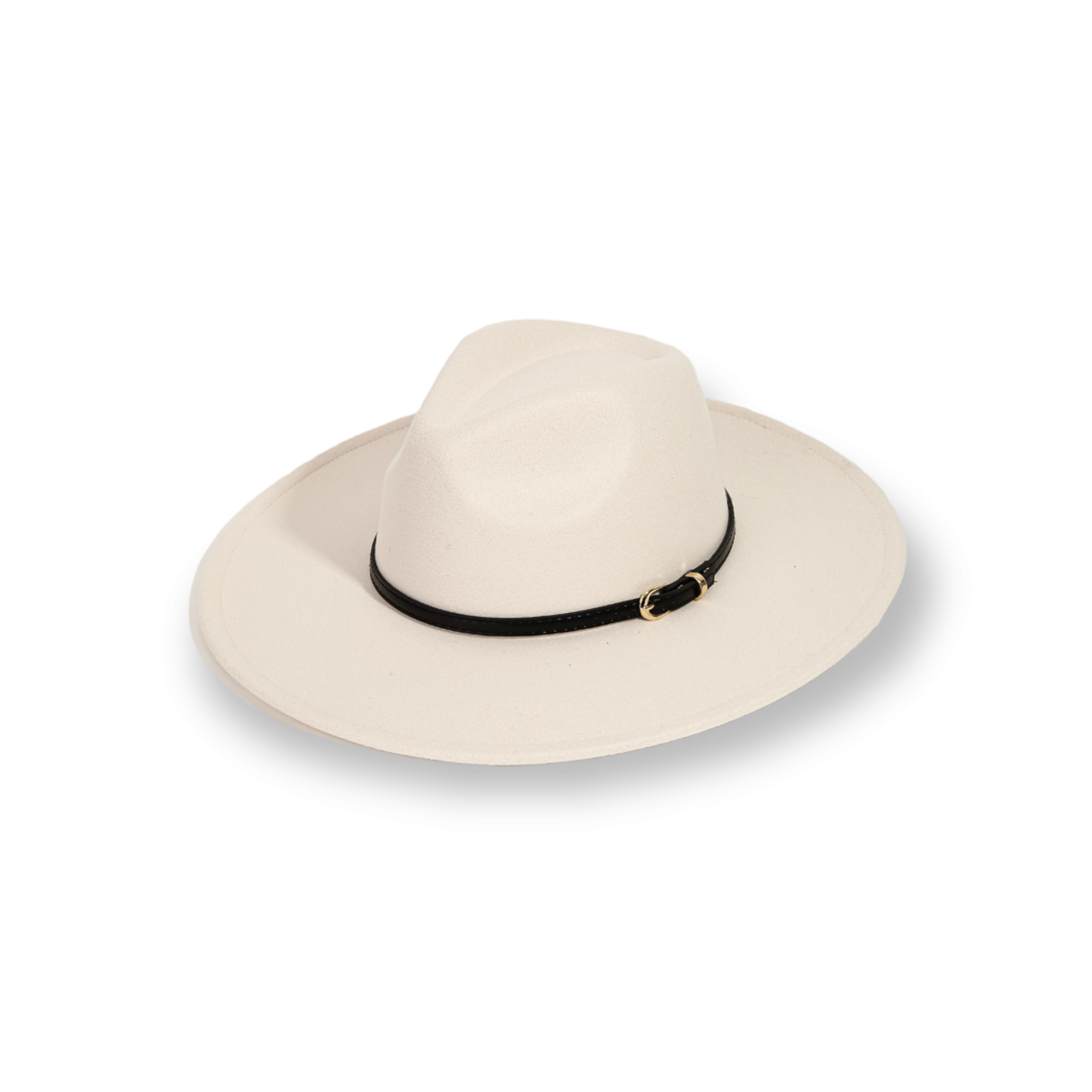 Faux Leather Belt Strap Fedora Hat 5 Inch Brim cream off white