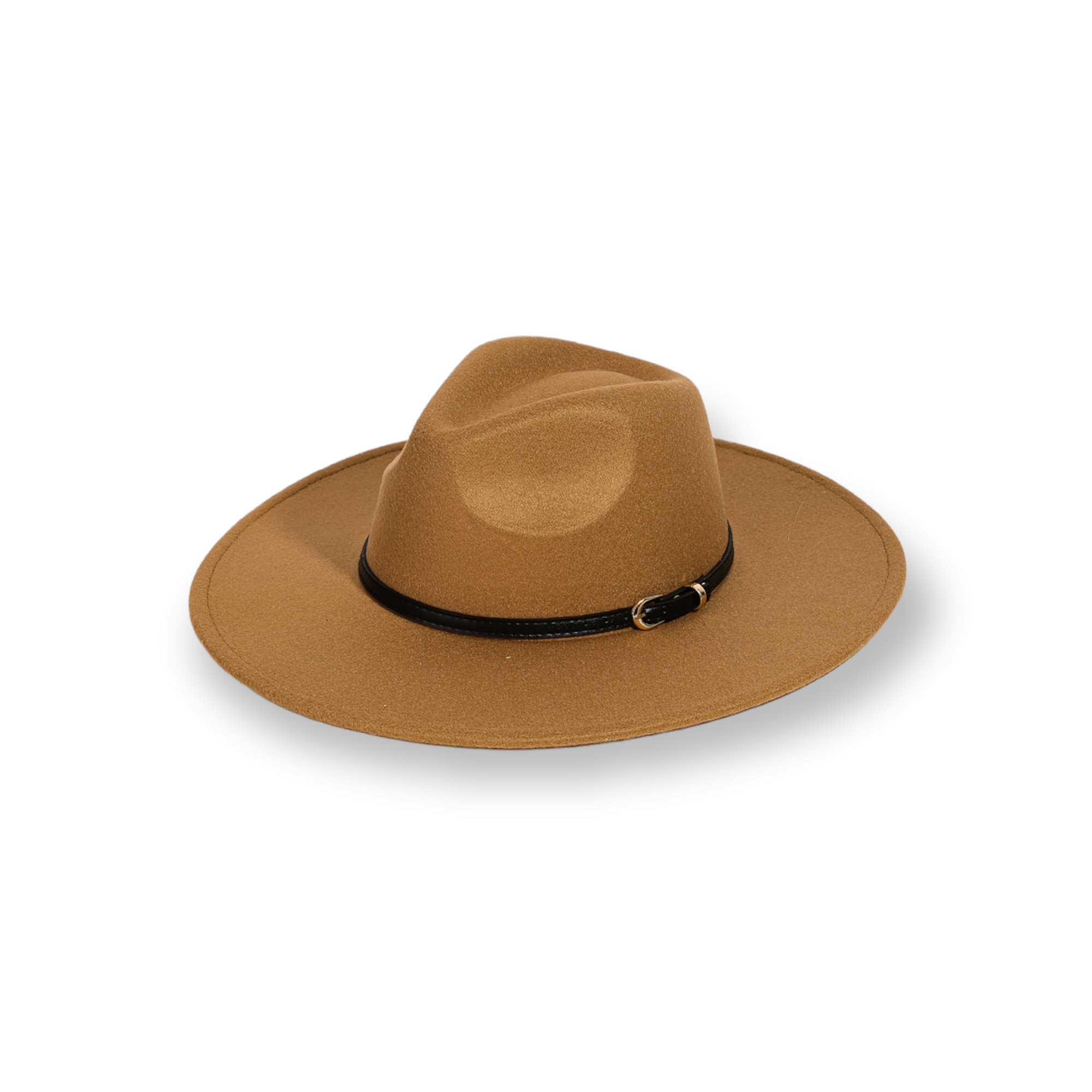 Faux Leather Belt Strap Fedora Hat 5 Inch Brim tan
