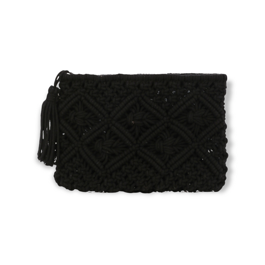 Macrame Crochet Zip Clutch With Tassel black