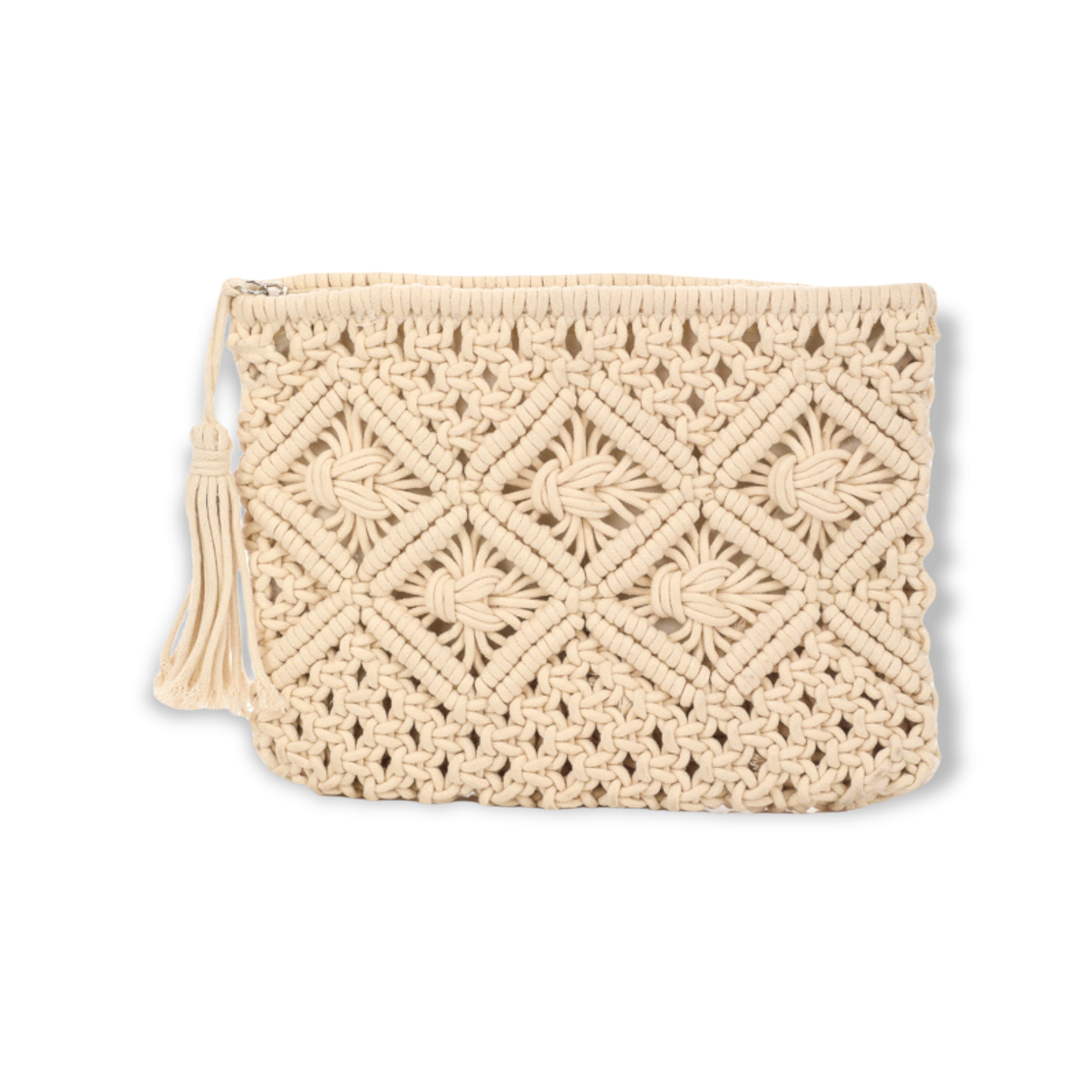 Macrame Crochet Zip Clutch With Tassel beige