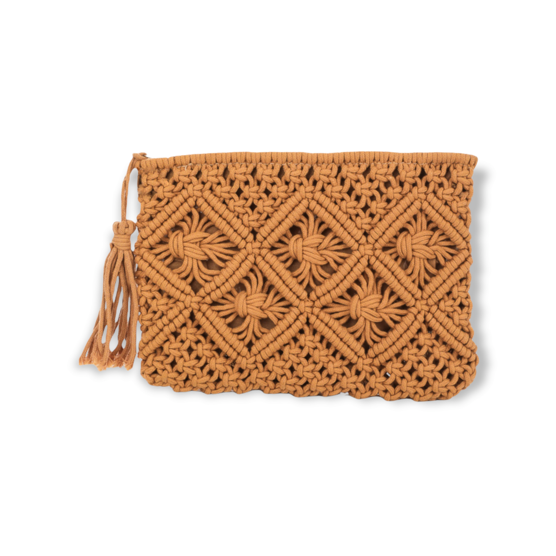 Macrame Crochet Zip Clutch With Tassel tan