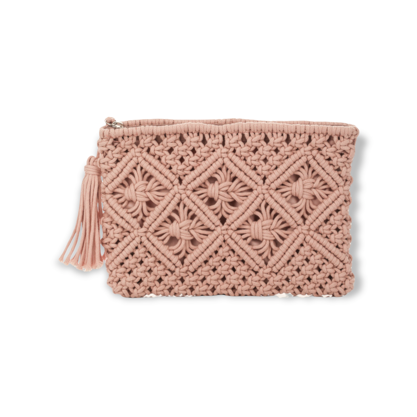 Macrame Crochet Zip Clutch With Tassel pink rose