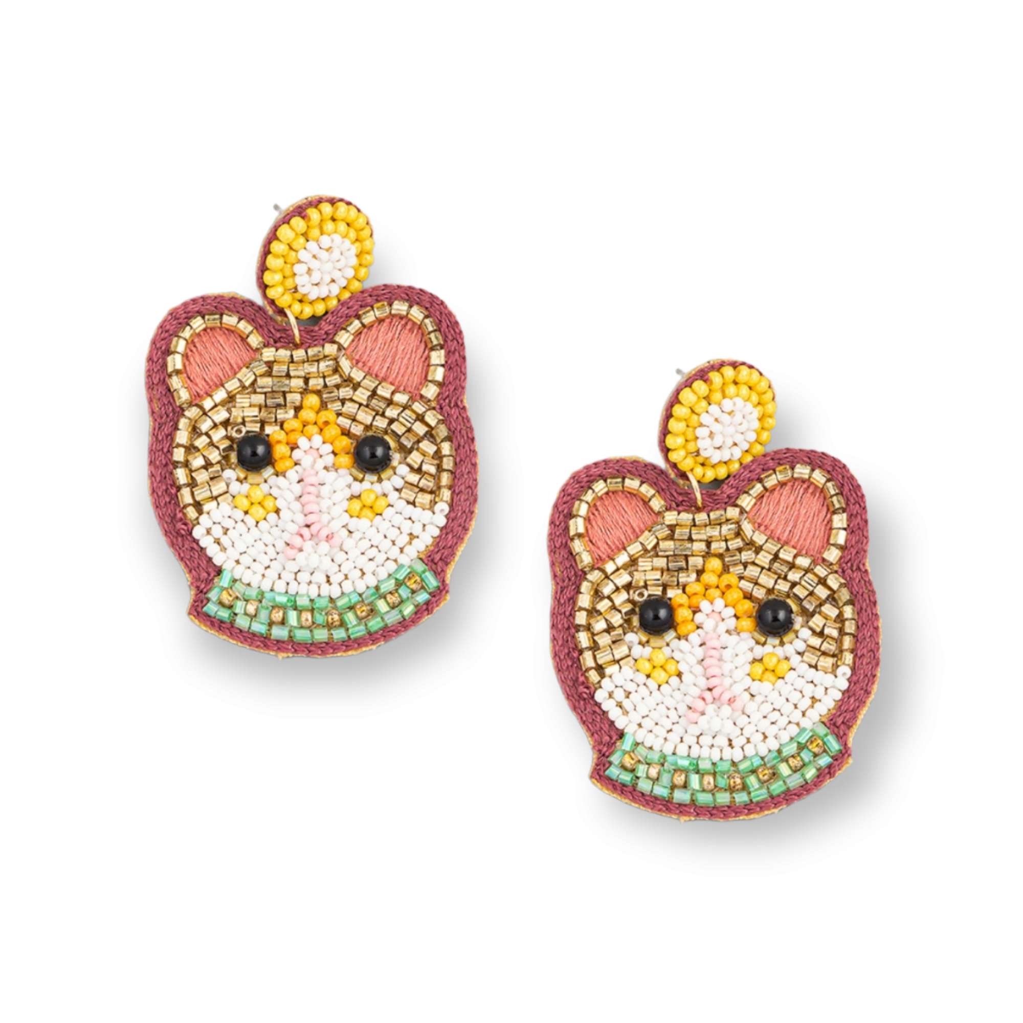 Beaded Pet Yellow Brown Cat Face Drop Earrings