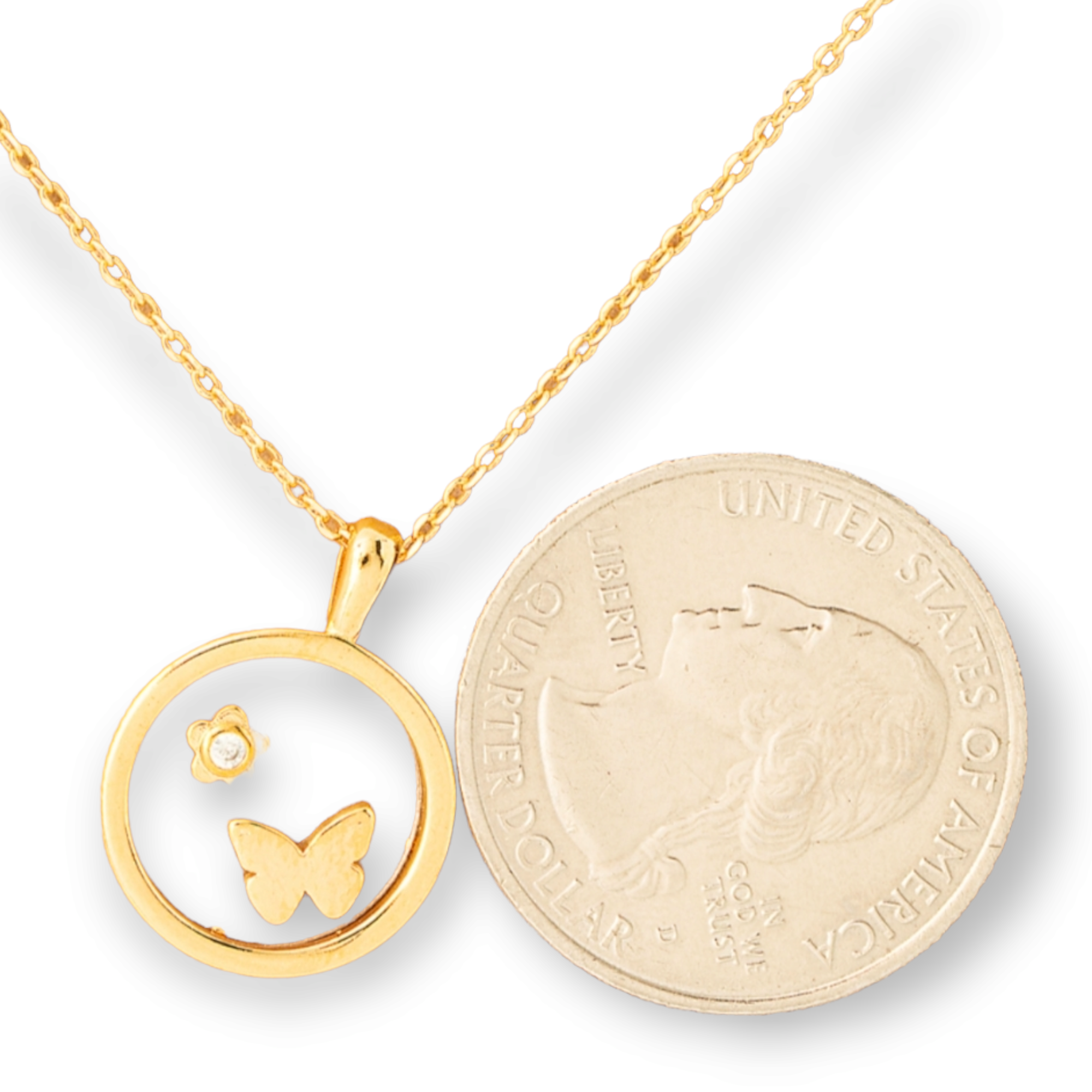 Mini Flower Butterfly Coin Pendant Necklace