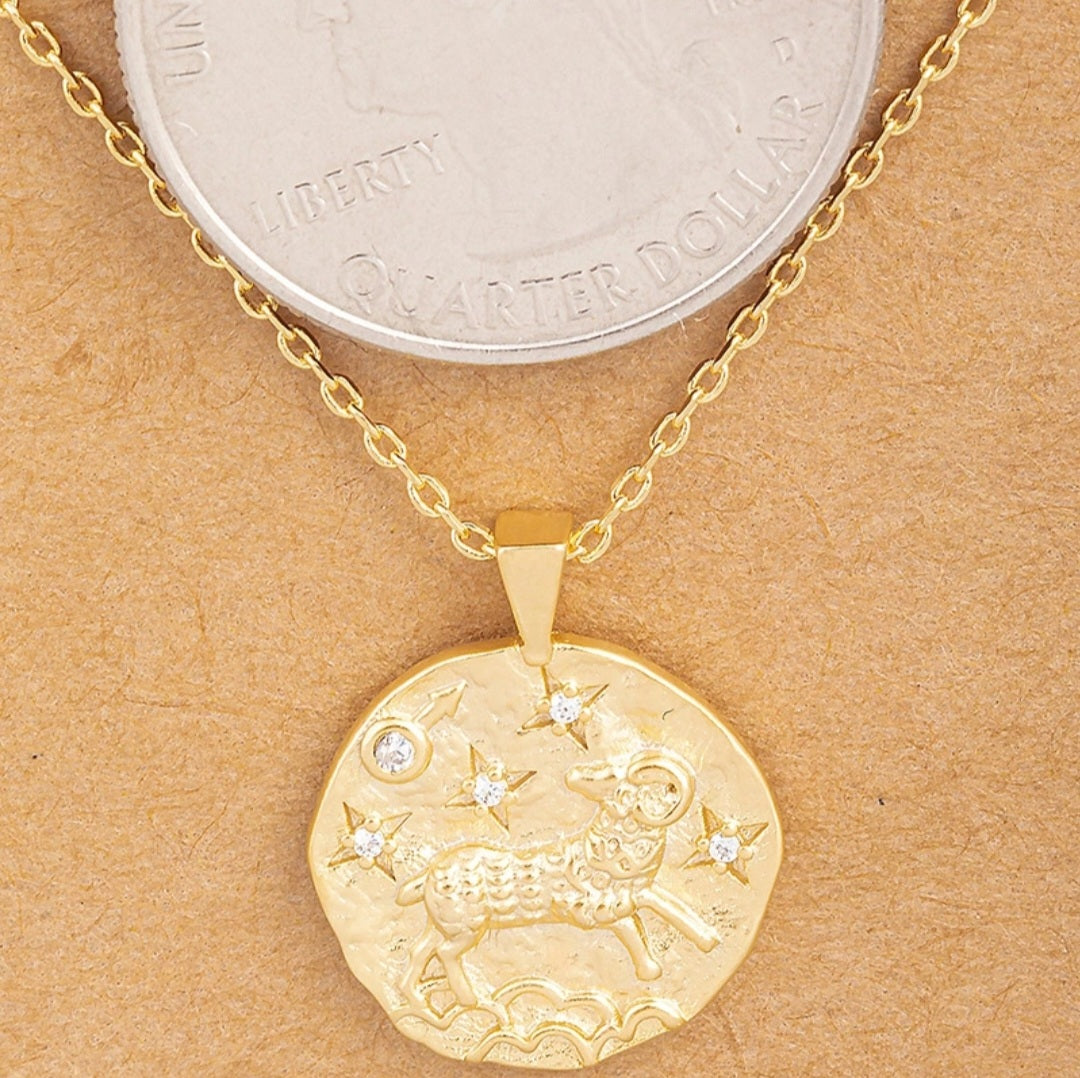 Up close aries Hammered Zodiac Coin Pendant Necklace